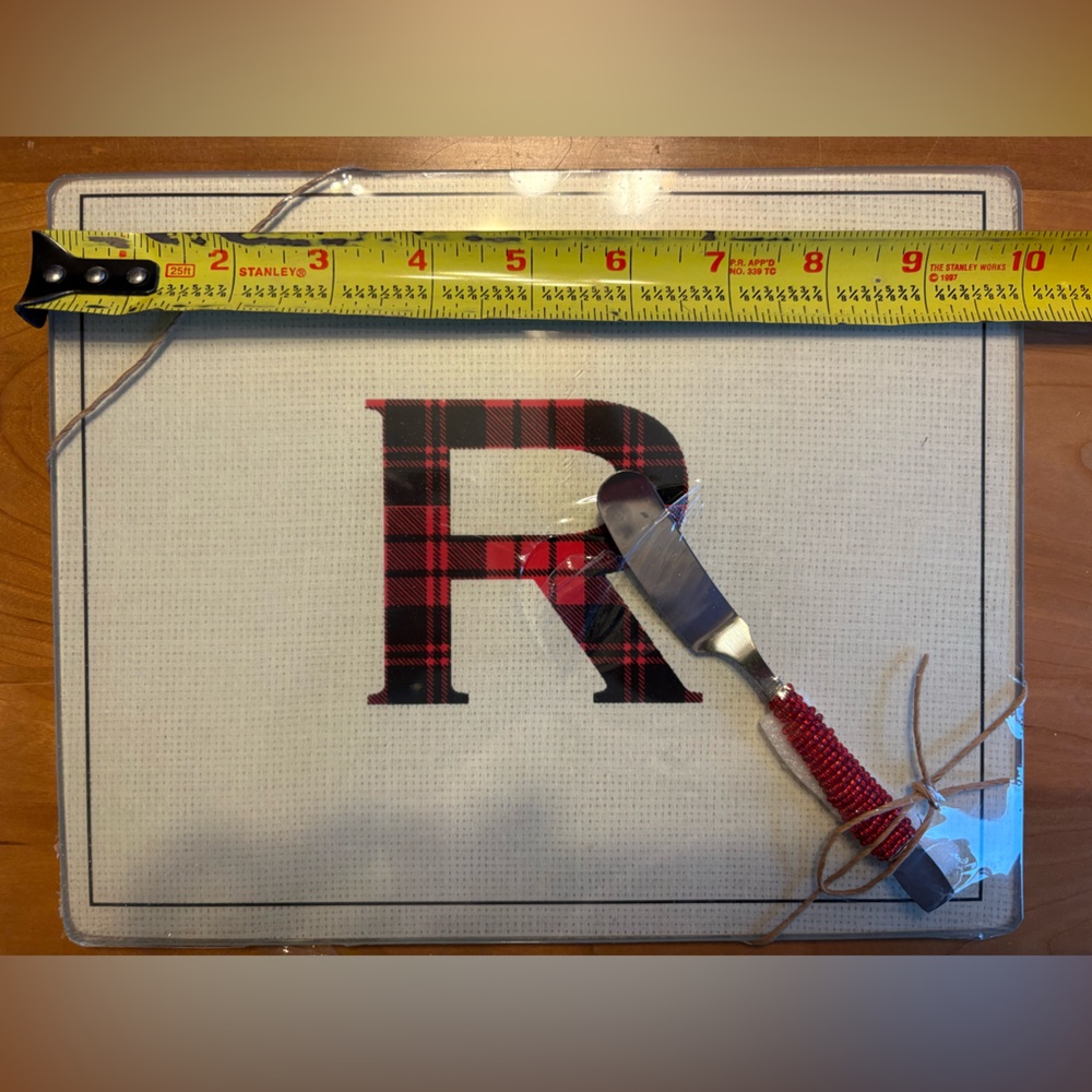 Plaid Monogram Cheese Board with Spreader